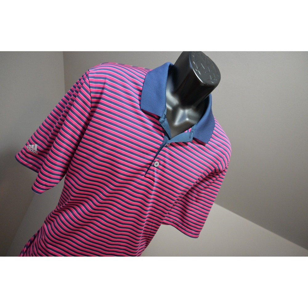 Adidas Polo Shirt Mens Large Pink Navy Blue Striped Golf Performance‎ Excellent